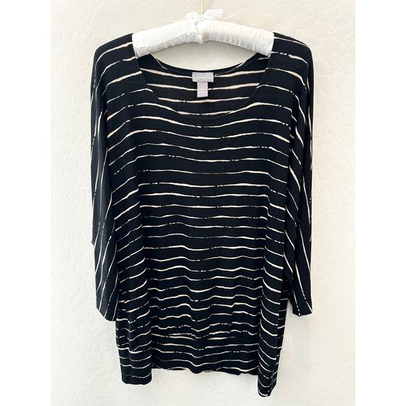CHICO’S TRAVELERS | Black Tan Striped Dolman Sleeve Top | Size 2 Large - Picture 1 of 6